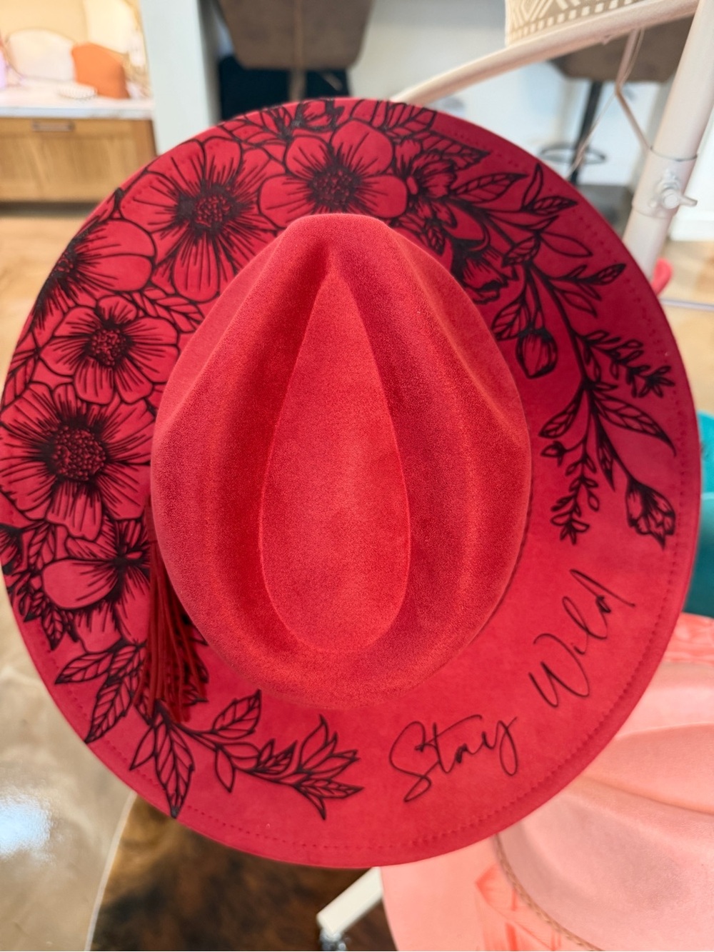 Red Floral Felt Fedora Hat - "Stay Wild" Script